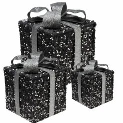 3 verlichte geschenkdozen met Led – Zilver – 15cm, 20cm, 25cm