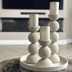 Beige kandelaar set van 3 met dienblad – Japandi