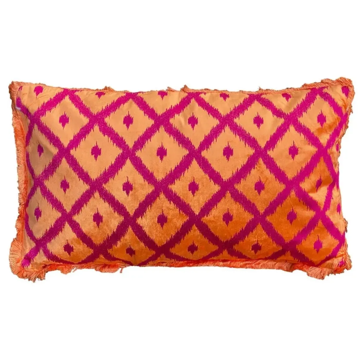 Colmore – Sierkussen Ruiten Oranje Fuchsia 60x35cm franjes