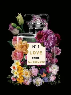 Glasschilderij Chanel parfum fles bloemen goud 60x80cm