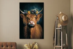 Glasschilderij kop schotse hooglander met bloemen 80x120cm