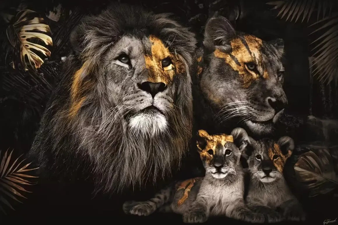 Glasschilderij Leeuwenfamilie met 2 welpjes