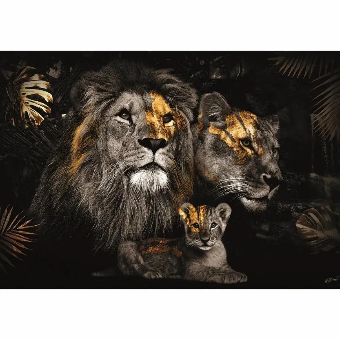 Glasschilderij leeuwenfamilie met een welpje goud