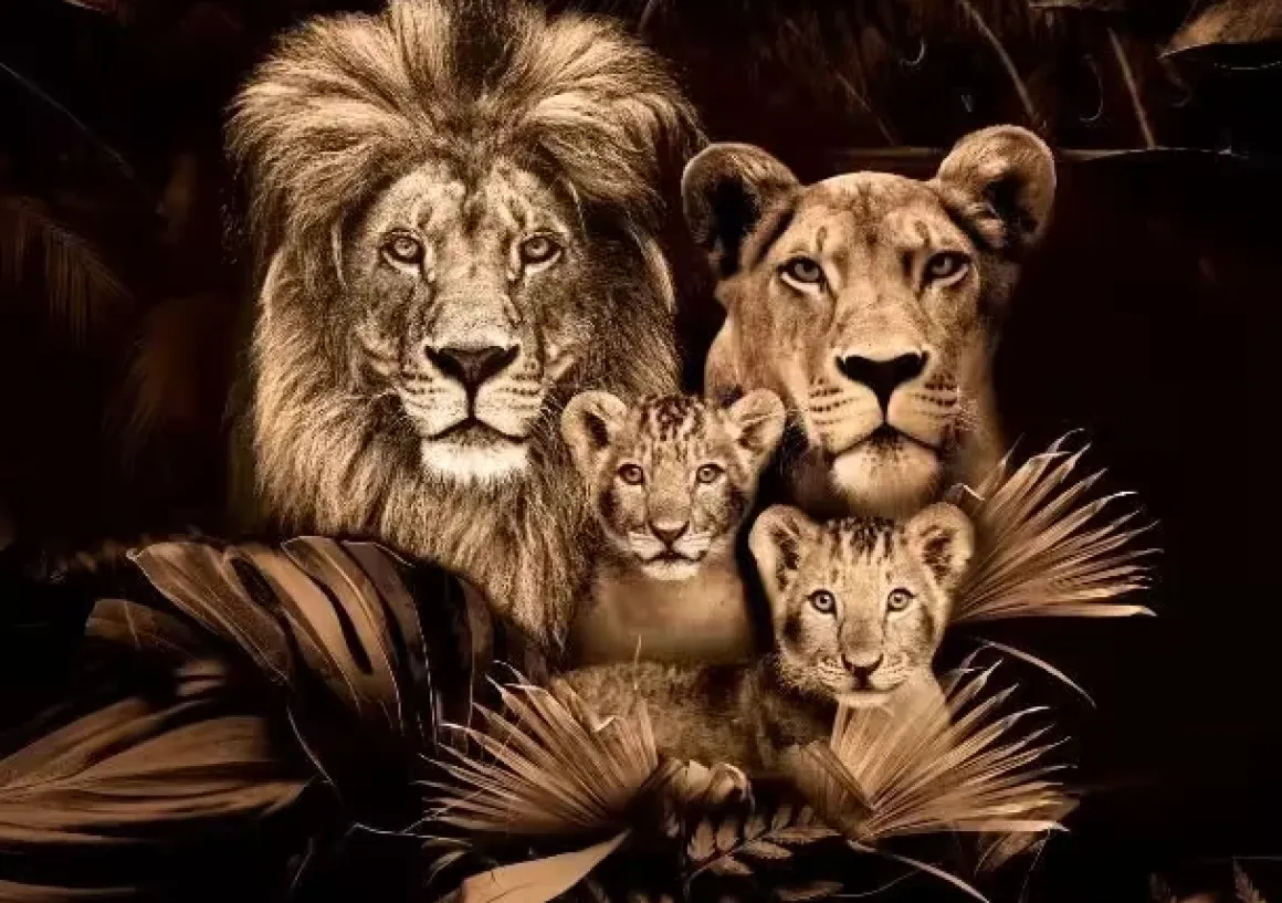 Glasschilderij Leeuwenfamillie met twee welpjes