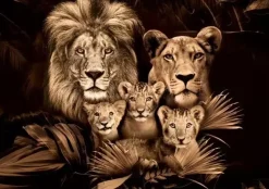 Glasschilderij Leeuwenfamillie met drie welpen