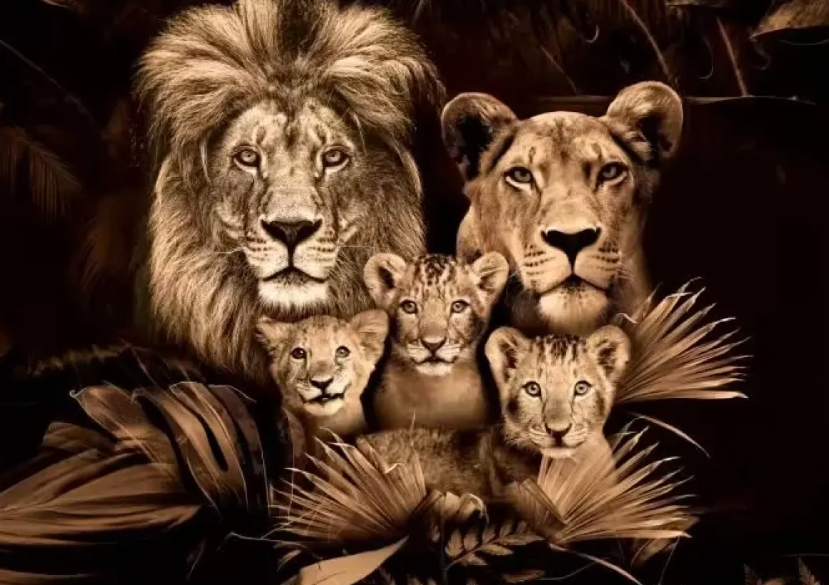 Glasschilderij Leeuwenfamillie met drie welpen