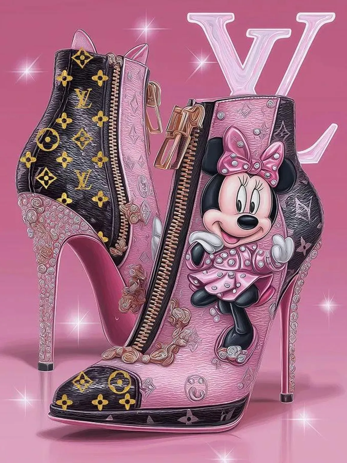 Glasschilderij met goudfolie 60x80cm Muis met roze hakken 2