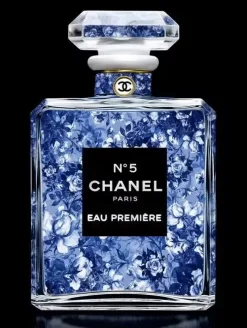 Glasschilderij met goudfolie 60x80cm Parfumflesje blauwe bloemen