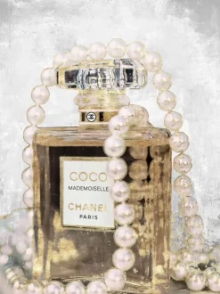 Glasschilderij met goudfolie parfumfles met parels 60x80cm