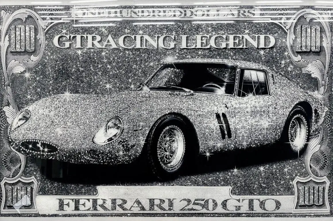 Glasschilderij met kristallen en lijst 120x80cm Auto op briefgeld