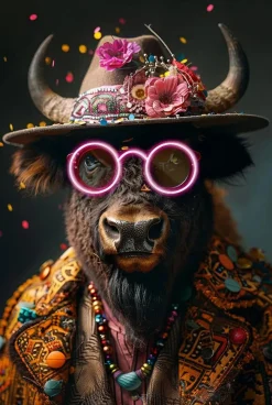 Glasschilderij met LED verlichting en lijst 80x120cm Stier met roze bril