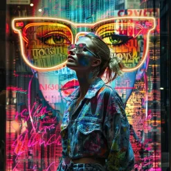 Glasschilderij met LED verlichting en lijst 80x80cm Vrouw met gekleurde bril