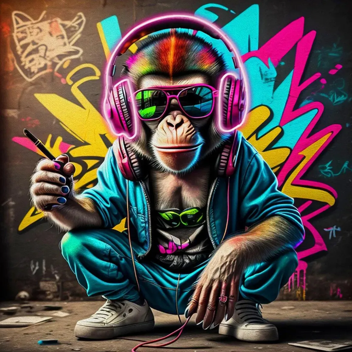 Glasschilderij met LED verlichting en lijst 80x80cm Muziek aap