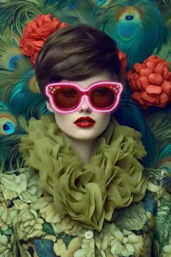 Glasschilderij met LED verlichting en lijst 80x120cm Vrouw met roze bril