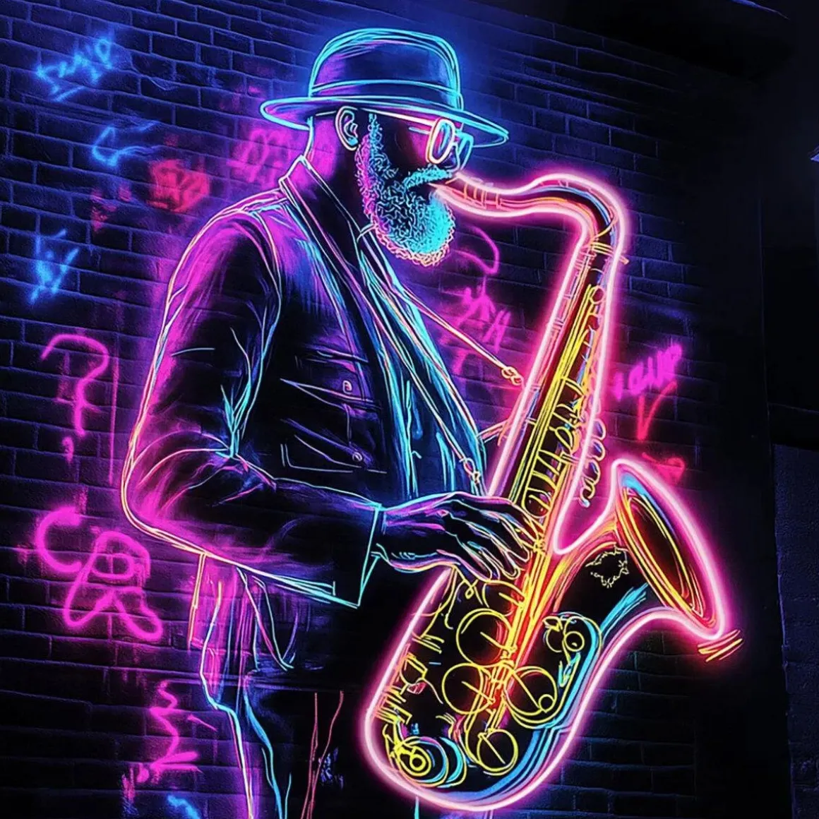 Glasschilderij met LED verlichting en lijst 80x80cm Saxofonist