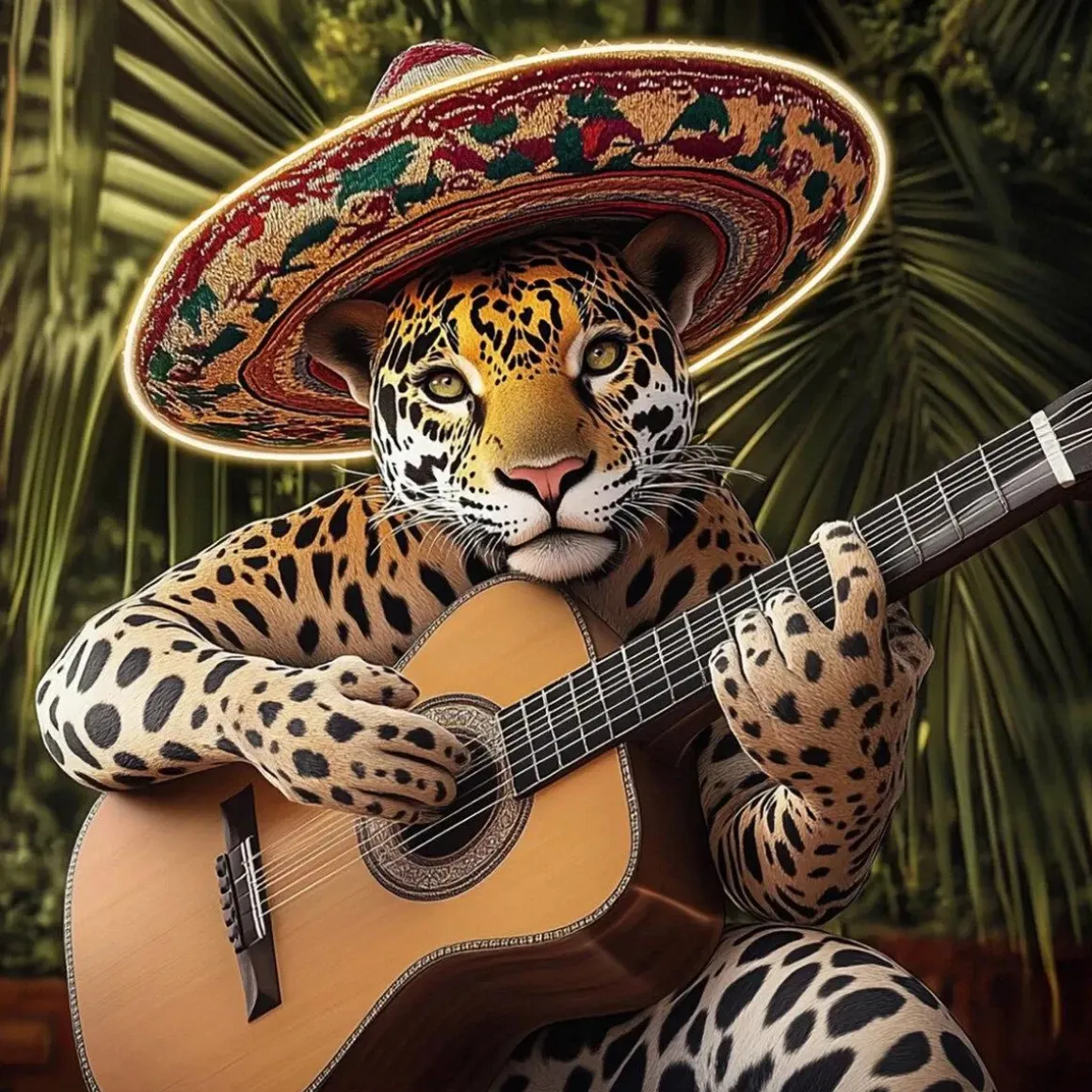 Glasschilderij met LED verlichting en lijst 80x80cm Panter met gitaar
