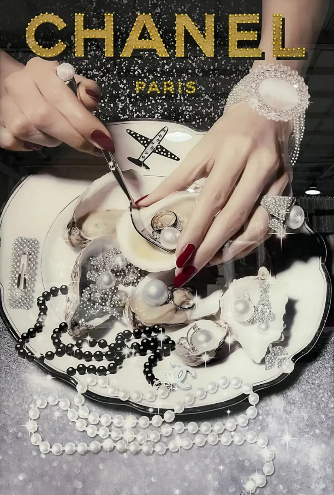 Glasschilderij met lijst en kristallen fashion sieraden 80×120 cm