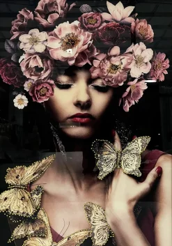 Glasschilderij met lijst en kristallen Vrouw met vlinderkrans/bloemen 80×120 cm