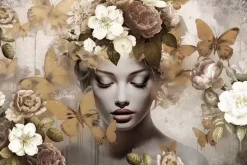 Glasschilderij vrouw met bloemen vlinder beige taupe 120x80cm