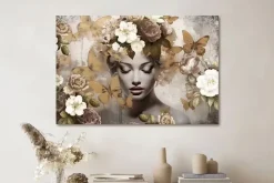 Glasschilderij vrouw met bloemen vlinder beige taupe 120x80cm