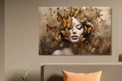 Glasschilderij vrouw vlinder oranje 120x80cm