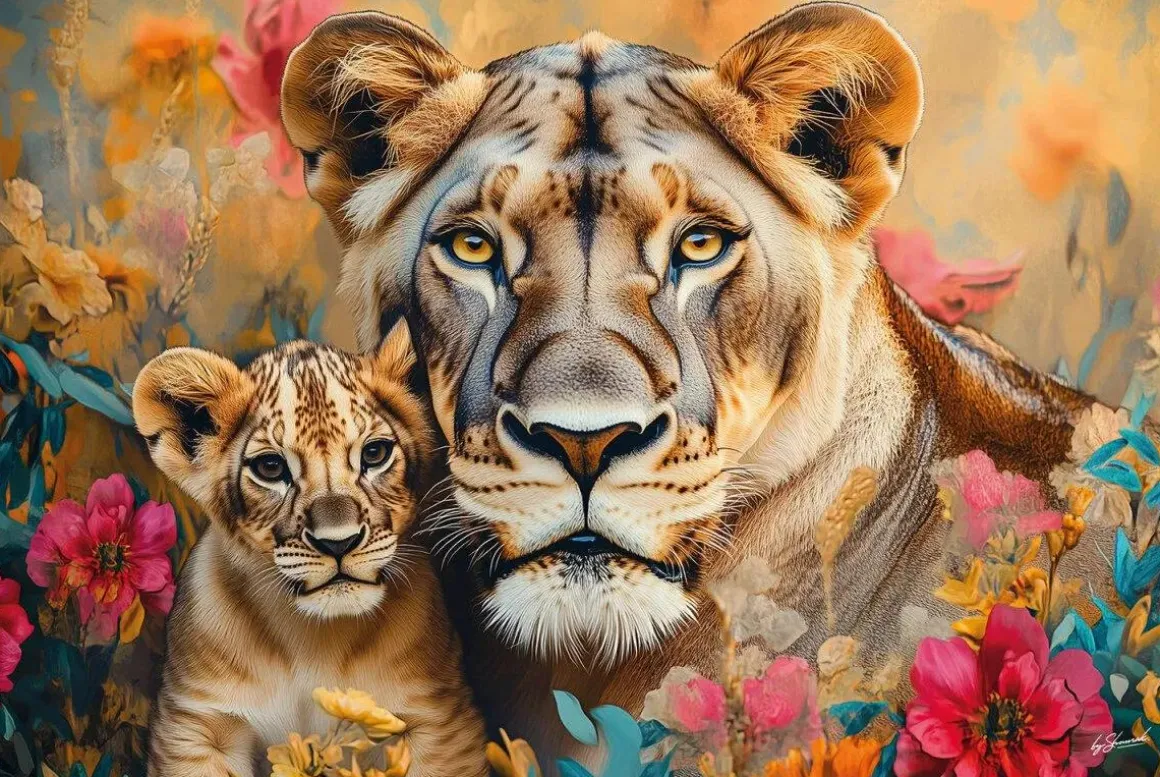 Glasschilderij 120x80cm Artistieke leeuwen liggend