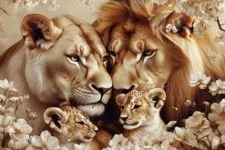 Glasschilderij 120x80cm Getekende leeuwenfamilie