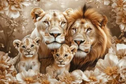 Glasschilderij 120x80cm Getekende leeuwen 2 welpjes beige