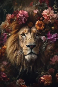 Glasschilderij 80x120cm Leeuw met bloemen