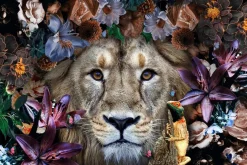 Glasschilderij 120x80cm Leeuw met bloemen midden