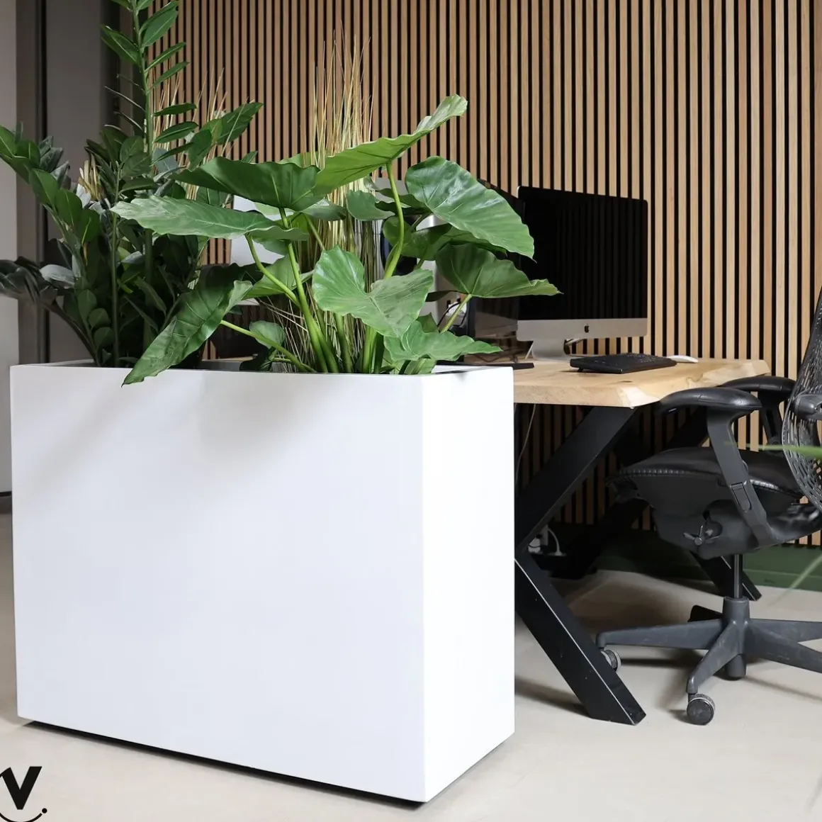 Grote smalle witte bloempot Chicago op wielen 100 of 120cm