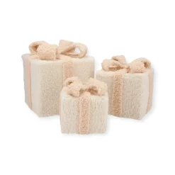 Kerst decoratie Cadeau Set van 3 LED Verlicht – Teddy Beige/Crème
