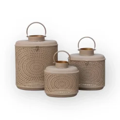 Lantaarn windlicht beige met gouden binnenkant 3 afmetingen