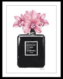 Schilderij poster met zwarte lijst parfumfles coco noir bloem 40x50cm