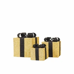 Set van 3 kerst cadeaus Goud Zwart LED 15,20,25 cm