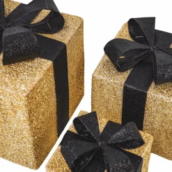 Set van 3 kerst cadeaus Goud Zwart LED 15,20,25 cm